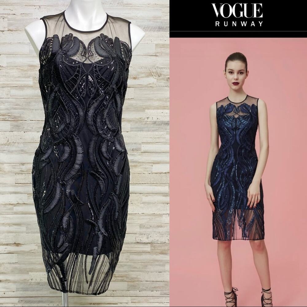 Marchesa Notte Runway Collection Mesh Sequin Cocktail Dress Womens Size 4 Black